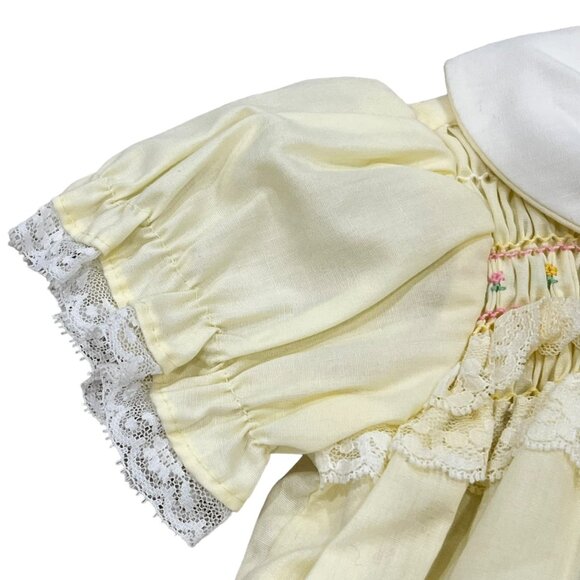 Polly Flinders Vintage Baby Dress Yellow White Lace Trim & Smocking 6-12 Months - Picture 5 of 8